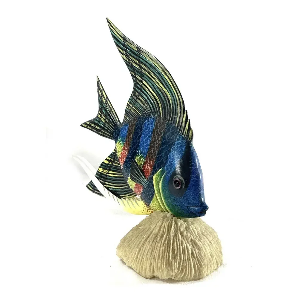 Vintage Nature Crafts Hand Painted Wood Angelfish Sculpture Coral Base 9”